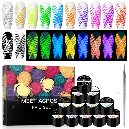 Miniatura 8 de Gel de araña luminoso de 12 colores, gel de araña que brilla en la oscuridad para arte de uñas, gel de dibujo de alambre elástico para línea