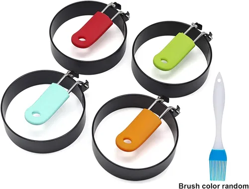 Miniatura 7 de Paquete de 4 anillos de huevo, herramienta de acero inoxidable antiadherentes para freír huevos con asas plegables y cepillo de aceite para cocinar
