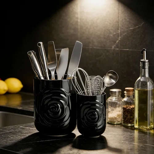 Miniatura 2 de Juego de 2 Portautensilios Grandes, 7.5" + 5.5" - Recipiente de Cerámica con Diseño de Rosas para Utensilios de Cocina de Encimera para Espátulas