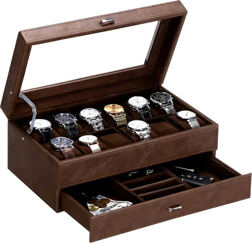 BEWISHOME Caja de reloj para hombre organizador de relojes de lujo de piel sintética con cajón de joyería parte superior de cristal real bisagra de