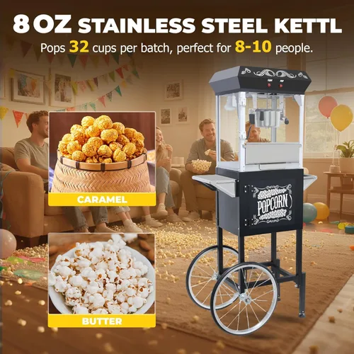 Miniatura 4 de Carro de máquina de palomitas de maíz de 8 onzas, 650 W, máquina para hacer palomitas de maíz con hervidor de acero inoxidable, máquina de palomitas