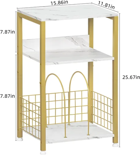 Miniatura 4 de LELELINKY Mesa auxiliar, mesita de noche de mármol blanco con marco de metal dorado, soporte de madera industrial de 3 niveles con estante