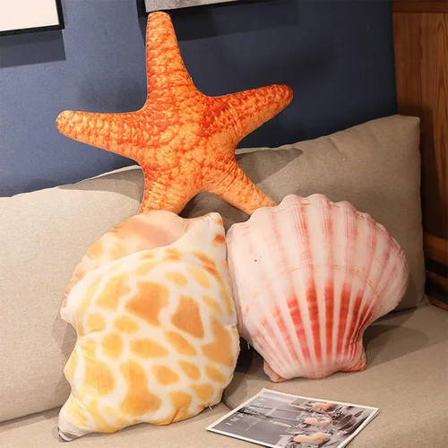 Miniatura 7 de Almohada de felpa costera de playa de simulación de conchas de mar y conchas de mar, cojín de almohada de felpa 3D, almohada decorativa para sofá