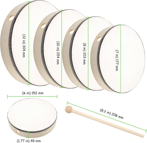 Miniatura 2 de Juego de 5 tambores de mano, 6 pulgadas, 7 pulgadas, 8 pulgadas, 10 pulgadas, 12 pulgadas, kit de tambor de marco de madera con baqueta, tambores