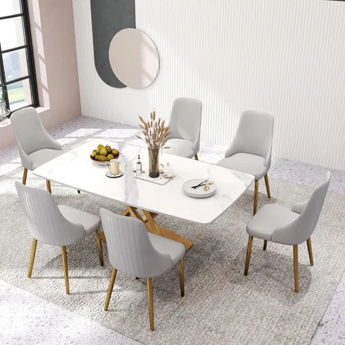 Miniatura 9 de Juego de 6 sillas de comedor tapizadas de 36.6 pulgadas, sillas de comedor modernas con marco de metal dorado y respaldo, silla de comedor de piel