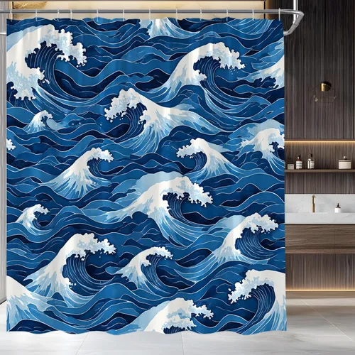 Great Waves Shower Curtain Ocean Sea Nautical Watercolor Japanese Asian Modern Blue Fabric for Bathroom Decor Bathtub with Hooks(47" WX70 H)