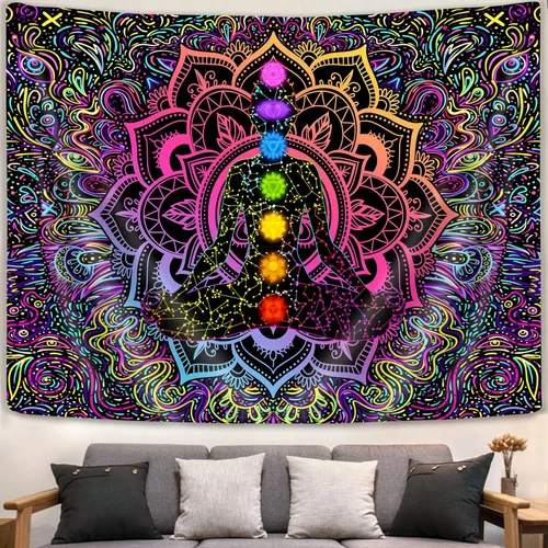 Miniatura 6 de Tapiz espiritual de mandala bohemio de siete chakras, para colgar en la pared psicodélico para yoga, meditación, estudio bohemio, dormitorio, sala