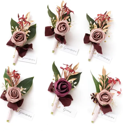 Miniatura 38 de Ling's Moment Boutonniere para Hombres Boda, Juego de 6, Novio y Padrinos Boutonniere para Boda Regreso a Casa Halloween Ceremonia Aniversario, Cena