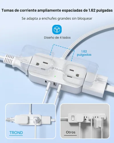 Miniatura 5 de TROND Regleta de alimentación de enchufe plano de 5 pies, cable de extensión plano pequeño con múltiples tomas, 4 puertos de CA y 4 puertos USB