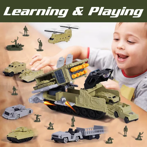 Miniatura 7 de XDUOYJOY Juegos de juguetes militares con misiles lanzables, juguetes del ejército con 9 vehículos, camiones helicópteros, figuras de acción