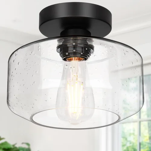 Lámpara de techo industrial semiempotrada, bombilla LED de 800 lúmenes incluida, pantalla de vidrio texturizado, lámpara estilo granja para pasillo,