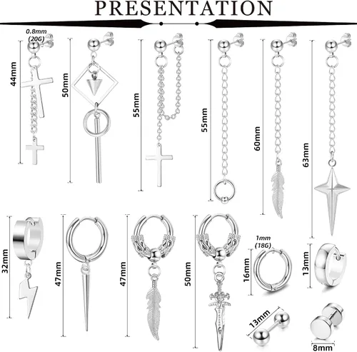 Miniatura 4 de Fiasaso Juego de 22 aretes colgantes de acero inoxidable con bisagras de aro de cadena larga aretes colgantes de cruz para hombre color negro