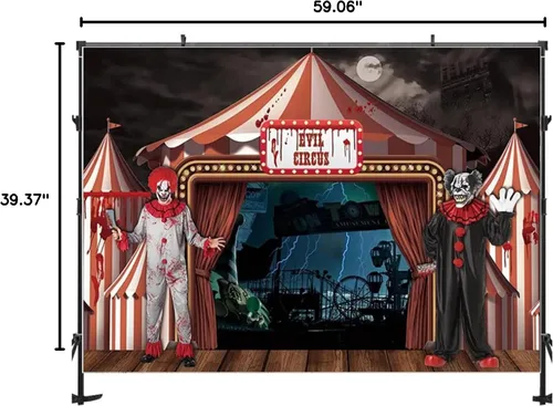 Miniatura 8 de Telón de fondo de fotografía de circo de terror, decoración de fiesta de Halloween, telón de fondo de carnaval, casa encantada, payaso gigante