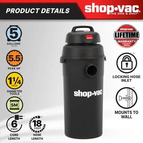 Miniatura 4 de Shop-Vac 9522205 Aspiradora para polvo y agua de 5 galones, 5.5 HP Máximo, diámetro de 1.25 pulgadas x manguera de 18 pies, cable de 6 pies, montaje