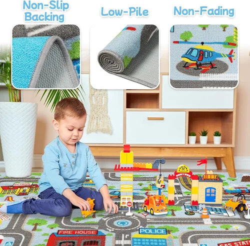 Miniatura 3 de Alfombra de juego para niños de 6.6 x 5.0 pies, alfombra azul para niños para autos de juguete, alfombra antideslizante de mapa de la ciudad