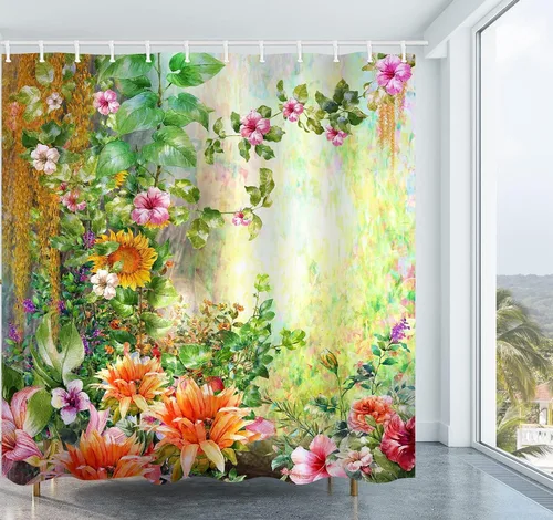 Miniatura 2 de Cortina de ducha floral acuarela abstracta hojas verdes prado tela de poliéster juego de cortina de ducha de baño decoración con ganchos, 72 x 72