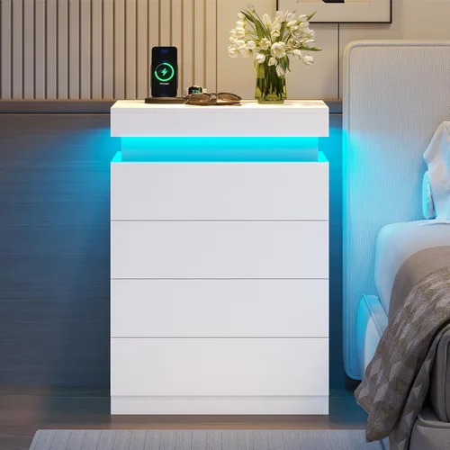 Miniatura 9 de ADORNEVE - Mesita de noche negra con cajones y luces LED, mesita alta con parte superior deslizable, mesa de cabecera con estación de carga, mesa
