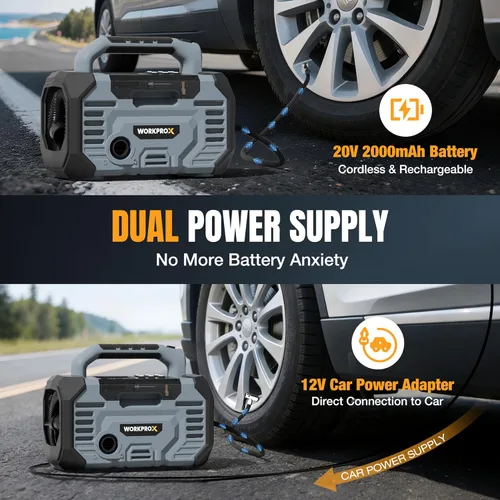 Miniatura 3 de WORKPRO X Inflador de neumáticos Compresor de aire portátil 150PSI - Bomba de aire de coche de batería de 12 V CC y 20 V, 2 modos, apagado