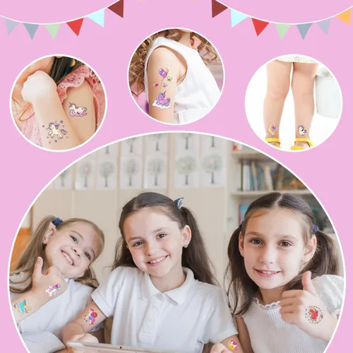 Miniatura 6 de Partywind Tatuajes temporales con purpurina para niños y niñas, suministros de fiesta de cumpleaños, decoraciones de recuerdos, bolsas de regalos
