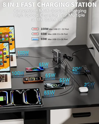 Miniatura 2 de Bloque de cargador USB C de 500 W, estación de carga GaN3, bloque de cargador USB rápido de 8 puertos, doble 100 W PD USBC, estación de carga