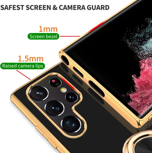 Miniatura 3 de Funda compatible con Samsung Galaxy S22 Ultra con soporte de anillo atril [con magnético] TPU suave a prueba de golpes electrochapado funda Negro
