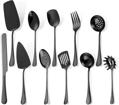Miniatura 12 de Juego de Utensilios para Servir Negros de 10 Piezas de Acero Inoxidable para Cocina Catering Cubertería incluye Pinzas para Catering Cucharas