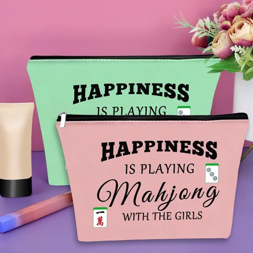 Miniatura 4 de Sazuwu Mahjong - Bolsa de maquillaje divertida para mujer, Verde, rosa y morado, Juguetón Mahjong Tema