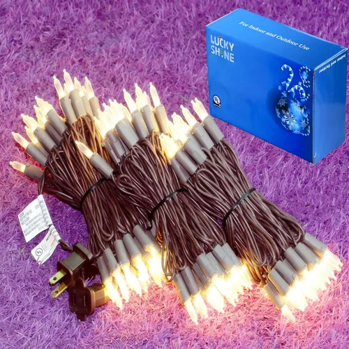 Miniatura 8 de LUCKY SHINE 150 luces LED de Navidad de color blanco cálido, cadena de iluminación decorativa de grado comercial, cable marrón, 50 pies