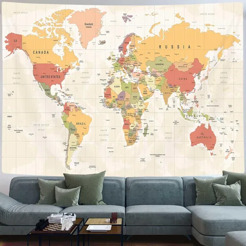 Miniatura 5 de ICTEISOM Tapiz de mapa del mundo para niños estudiantes, mapa del mundo con países y ciudades principales, tapiz de arte de pared póster tapices