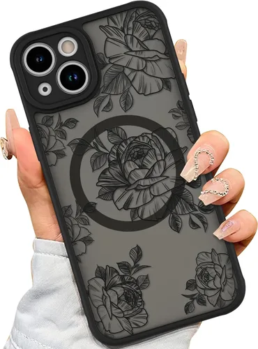 Miniatura 9 de AIGOMARA Funda para iPhone 13 Pro Max [compatible con MagSafe] Diseño de patrón floral de flores negras para mujeres y niñas, TPU suave, parte