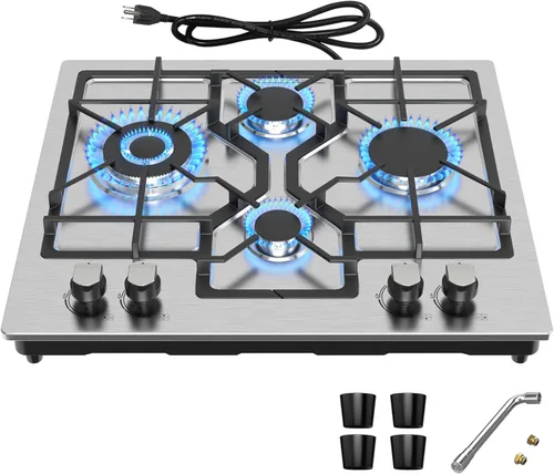 24 Inch Gas Cooktop, Built-in Propane Stove Top with 4 Burners, NG/LPG Convertible Stainless Steel Stovetop with Thermocouple Protection Easy to