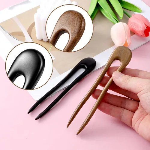 Miniatura 7 de Paquete de 2 horquillas en forma de U con dos puntas para moños, tenedores de madera para el pelo, horquillas de pelo francés, tenedor de madera