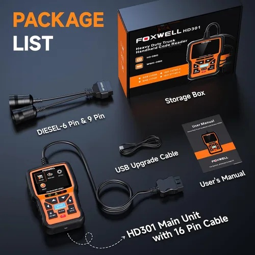 Miniatura 8 de FOXWELL Escáner de camión resistente HD301, herramienta de escaneo diesel de sistema completo con 6/9/16 pines, lector de código 2 en 1
