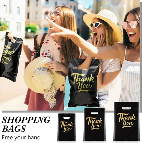 Miniatura 5 de Jeyiour 300 bolsas de mercancía de agradecimiento de 3 tamaños, bolsas de compras para negocios con asas, regalo de agradecimiento, bolsas de Negro