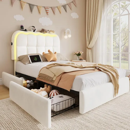 Miniatura 8 de CypBed Base de cama individual con cajones de almacenamiento y cabecero, base de cama LED tapizada de terciopelo para niños, marco de cama de metal