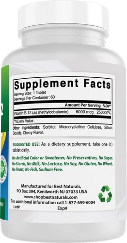 Miniatura 6 de Best Naturals Vitamina B-12 como metilcobalamina (metil B12), 6000 mcg comprimido, 60