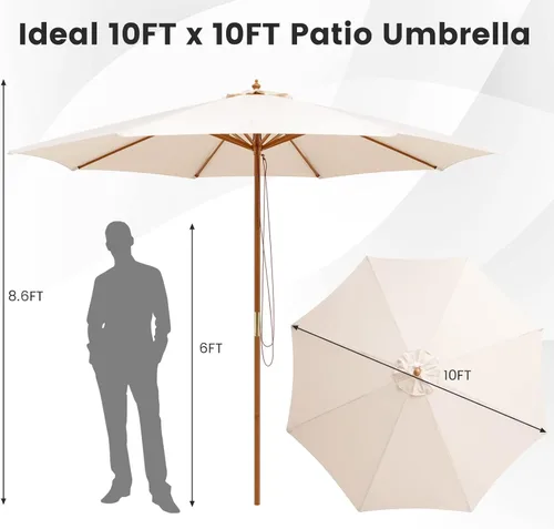 Miniatura 5 de Tangkula Sombrilla de patio de 10 pies, sombrilla de mercado de mesa al aire libre con 8 varillas de madera, 3 alturas ajustables, sistema de polea