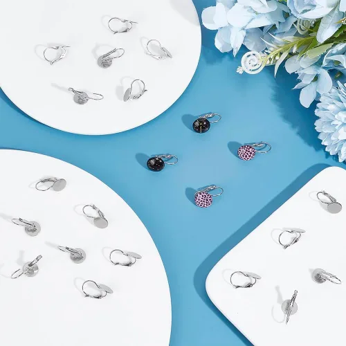 Miniatura 2 de UNICRAFTALE 40 piezas de aretes de acero inoxidable 304 con cierre de palanca, aretes planos, redondos, en blanco, cabujones, bandeja de bisel