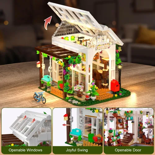 Miniatura 3 de HOGOKIDS Juego de construcción de casa de flores con luz LED, 1332 piezas de juguete de construcción de casa de jardín con flores, plantas