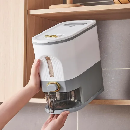 Miniatura 10 de Gagee Dispensador de arroz de 11 libras, gran contenedor de almacenamiento de granos con tapa, cilindro de medición a prueba de humedad, dispensador