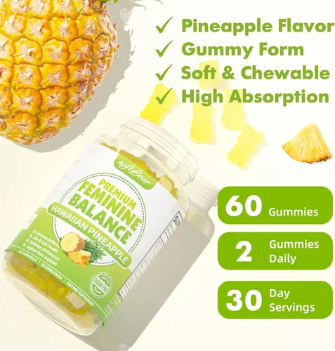 Miniatura 6 de softbear Gomitas de equilibrio femenino prémium para mujer, gomitas de equilibrio de piña y pH para mujeres, olor saludable, flora, vaginal, apoyo
