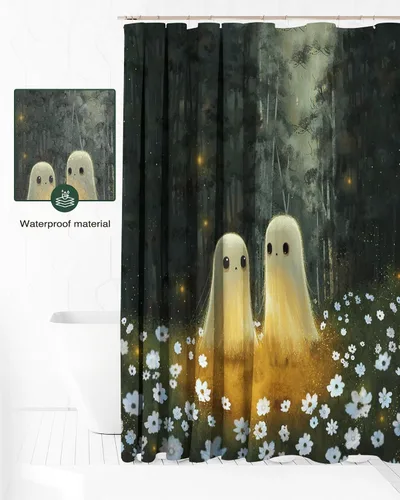 Miniatura 2 de Lindameler Cortina de ducha de Halloween de tela espeluznante, bonita cortina de baño de fantasma, decoración con 12 ganchos de 72 x 72 pulgadas