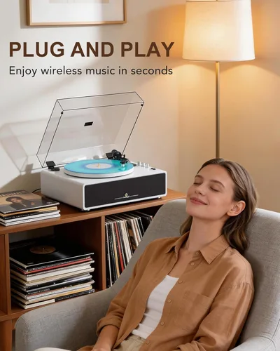 Miniatura 6 de Reproductor de discos con cuatro bocinas estéreo integradas, tres modos de iluminación LED, cartucho AT-3600L, reproductor de vinilos todo en uno