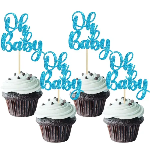 Miniatura 17 de Gyufise 36 piezas de decoraciones para cupcakes Oh Baby, arcoíris rosa y azul con purpurina, para baby shower, revelación de género, cupcakes para B