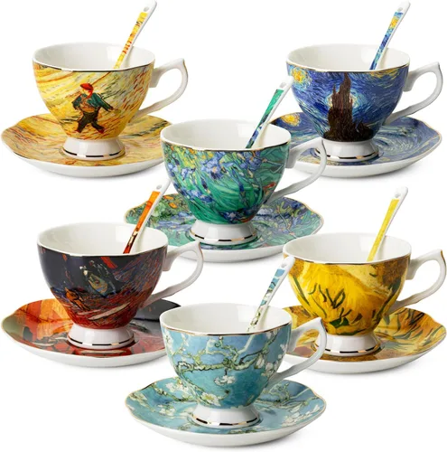 BTAT - Juego de 6 tazas de té y platillos con cuchara, 8 onzas, juego de tazas de té de porcelana fina con ribete dorado para té de la tarde, bodas,