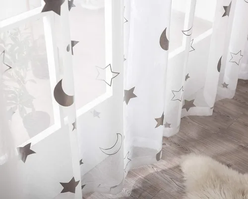 SEEKRIGHT Twinkle Moon - Cortinas transparentes plateadas para habitación de la guardería del bebé, cortinas de encaje con ojales de estrella y luna