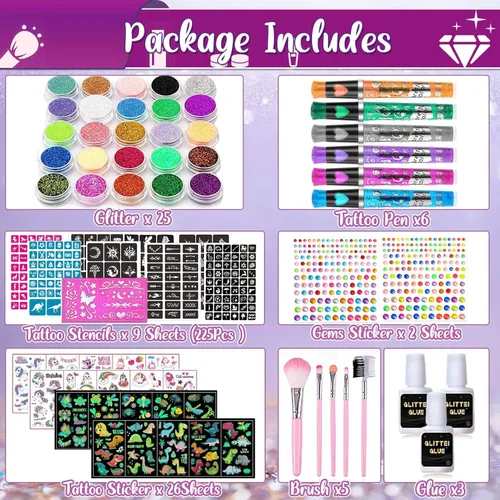 Miniatura 8 de TEUVO Kit de tatuaje con purpurina para niños con 25 colores, 225 plantillas, 6 bolígrafos, 2 hojas de diamantes de imitación, 5 pinceles, 3