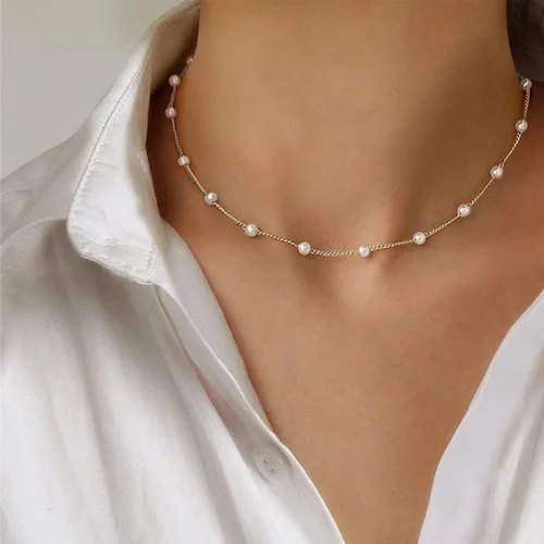 Miniatura 3 de Collar de perlas chapado en oro de 14 quilates en capas, cadena de espiga simple, para mujer, regalos de joyería