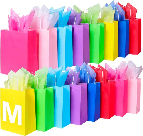 Miniatura 16 de BLEWINDZ 32 Bolsas Pequeñas de Papel para Regalos con Papel de Seda, Bolsas Amarillas para Obsequios de Fiesta con Asas, Bolsa de Golosinas de 8.7