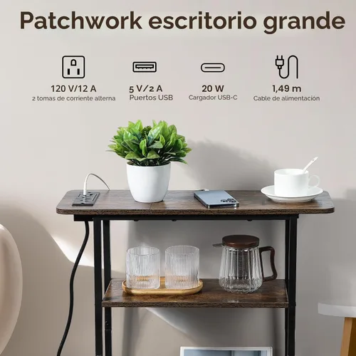 Miniatura 6 de Mesa auxiliar estrecha con estación de carga USB-C, mesa auxiliar delgada de 3 niveles con soporte para revistas, mesa auxiliar delgada moderna